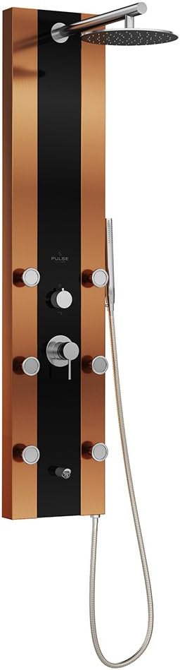 Rio ShowerSpa Panel with 10" Rain Showerhead - Black Tempered Glass & Bronze Stainless Steel Body, Brushed Nickel Fixtures, 2.5GPM - Handheld Spray Wand, 6 Silk Spray Body Jets, Brass Tub Spout