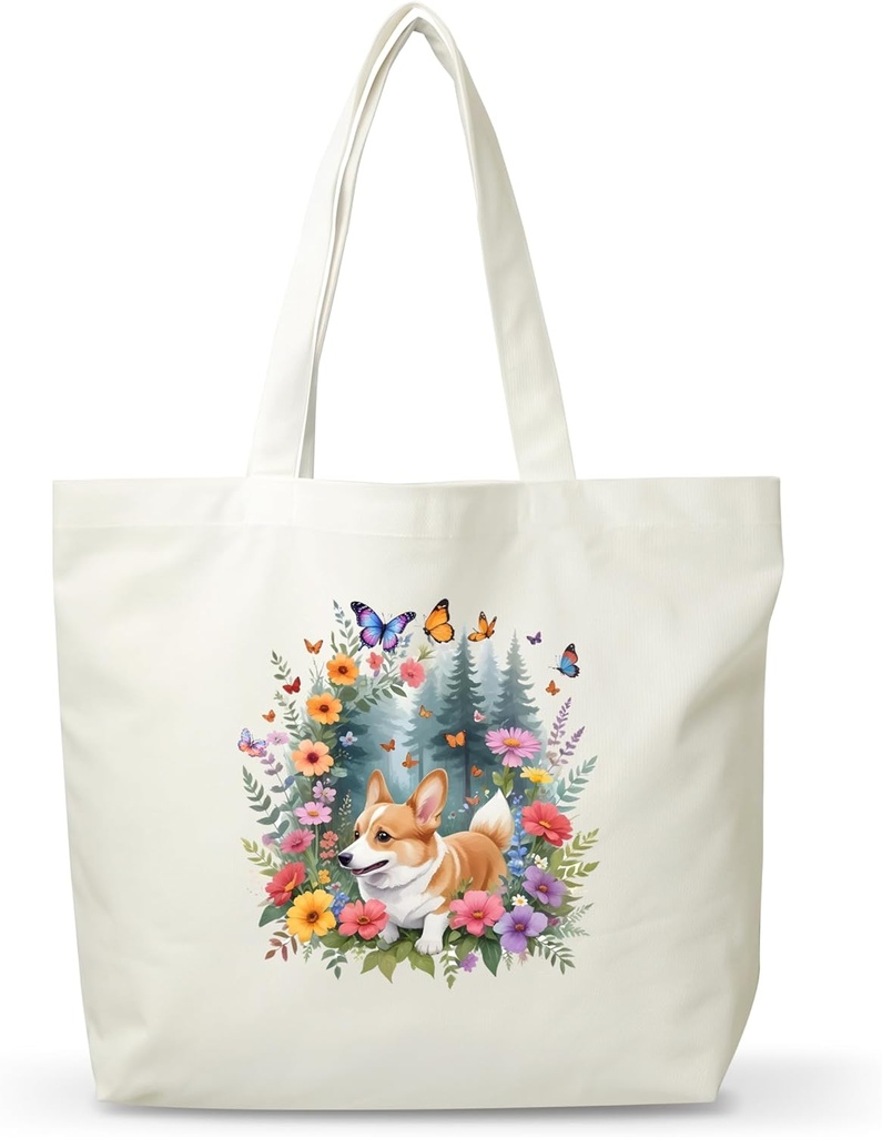 Women Corgi Canvas Tote Bag, Funny Gifts For Dog Lovers, Reusable Grocery Folding Shopping Tote, Aesthetic Flower Shoulder Bag, Thanksgiving Christmas Gifts For Friends Colleagues -A09
