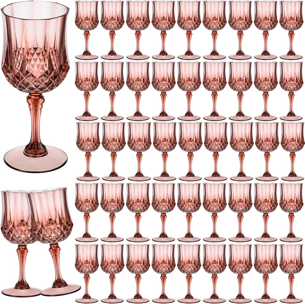 7OZ Plastic Wine Glasses, 48Pcs Rose Red Reusable Drinking Cups Vintage Champagne Flutes, Plastic Crystal Water Goblets for Parties Stemmed Shatterproof Drinking Glasses for Wedding, Toasting Party