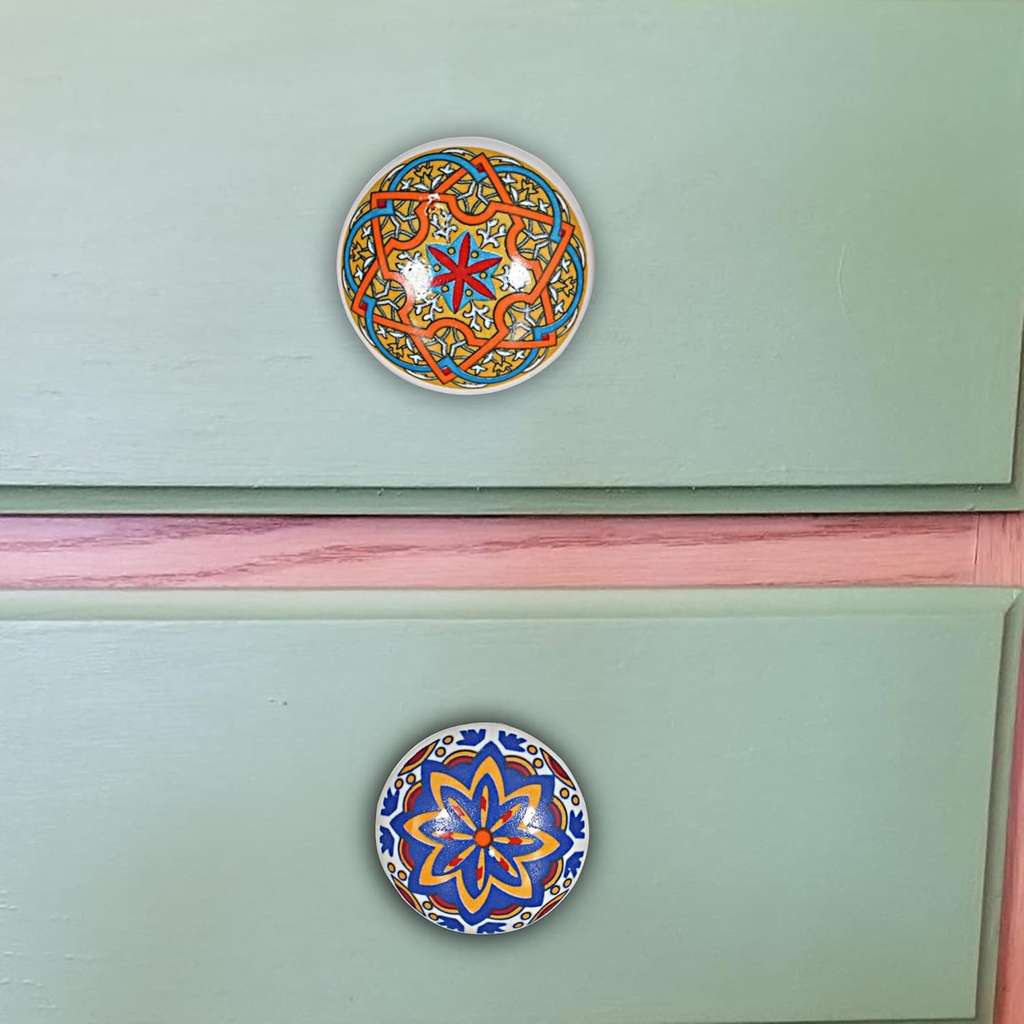 Cabinet Knobs and Pulls - Indian Vintage Pottery Ceramic Kitchen Cupboard Drawer Handle Interior Decor Furniture Hardware (Mandala Design, Pack of 12)