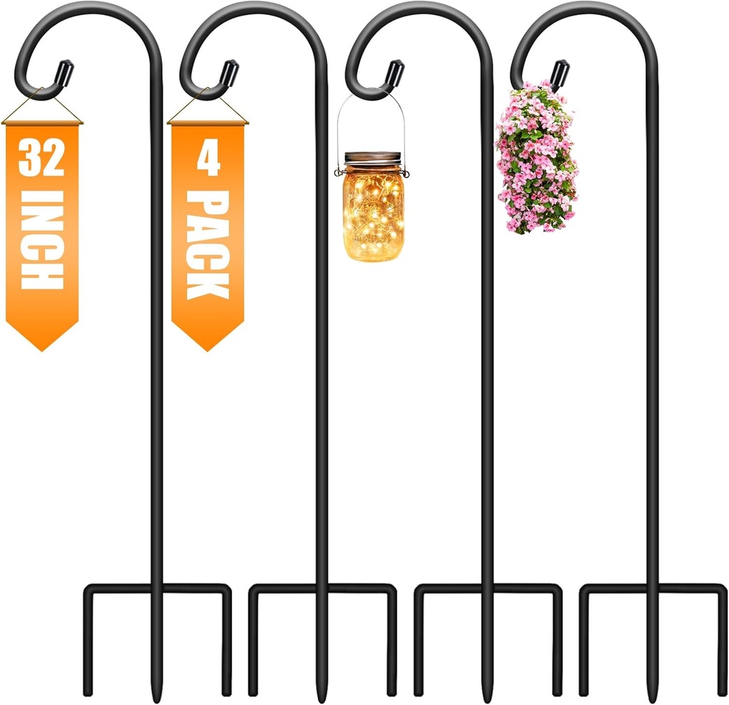 Gtongoko 32 Inch Shepherds Hooks for Outdoor 4 Pack Garden Hooks for Hanging Plants, Lanterns, Bird Feeders, Solar Lights, Mason Jars, Weddings Decor, Adjustable, Matte Black