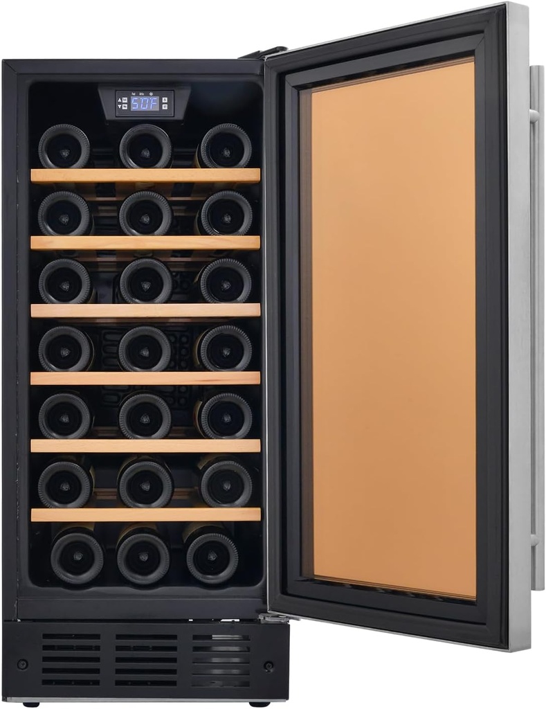 15 Inch Wine Cooler Under Counter, Built In 33 Bottle Wine Fridge Refrigerator, Under Cabinet Glass door Stainless Steel Black Wine and Beverage Cellar For Home Bar With LED And Low Noise