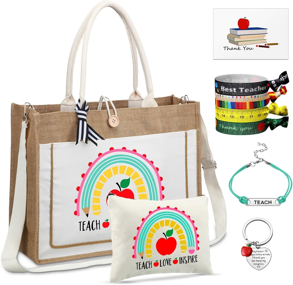 Paterr 10 Pcs Teacher Appreciation Gifts Set Tote Bag Cosmetic Bag Hair Ties Note Cards Bracelets Keychain for Graduation