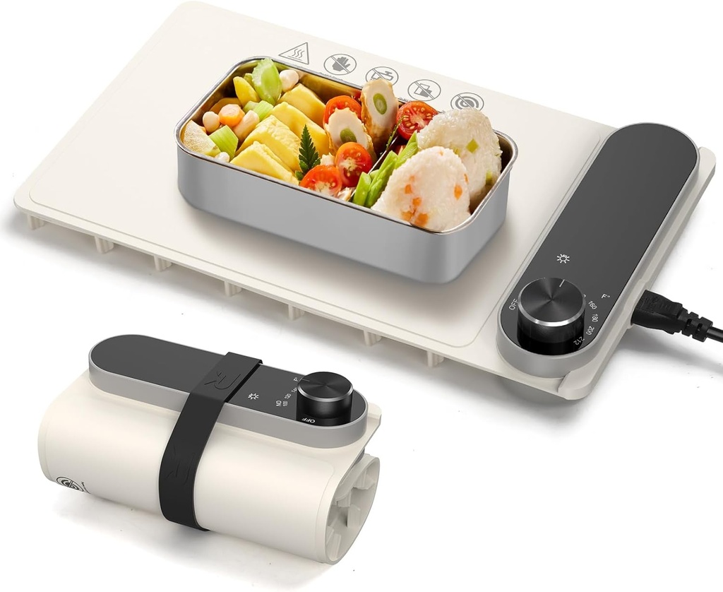 Portable Warming Pad - 7-Temp Electric Food Warmer (100-212°F), Fast & Even Heating for Lunch/Dinner, Suitable for Stainless Steel/Ceramic/Glass Lunch Box, 4H Auto Off, Compact Foldable