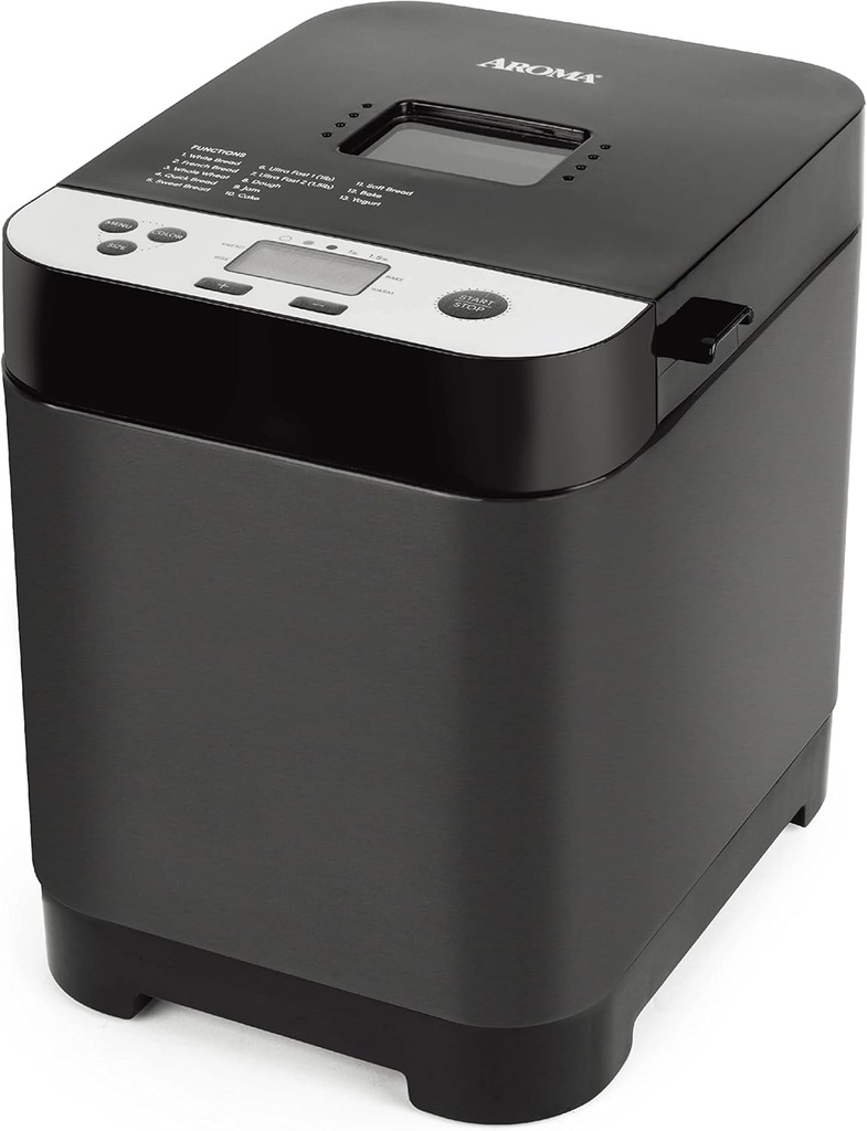 AROMA® 1.5lbs. Digital Bread Maker with Crust Customization, Clear-View Lid, and Nonstick Baking Pan, Black (ABM-250)
