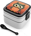 Cartoon Owl on Orange Background Bento Box Adult Stackable 2 Layers Containers Reusable Leakproof Lunch Containers for Adults Travel 33oz Lunchbox with Spoon Portable Bento Boxes, Microwave Dishwasher