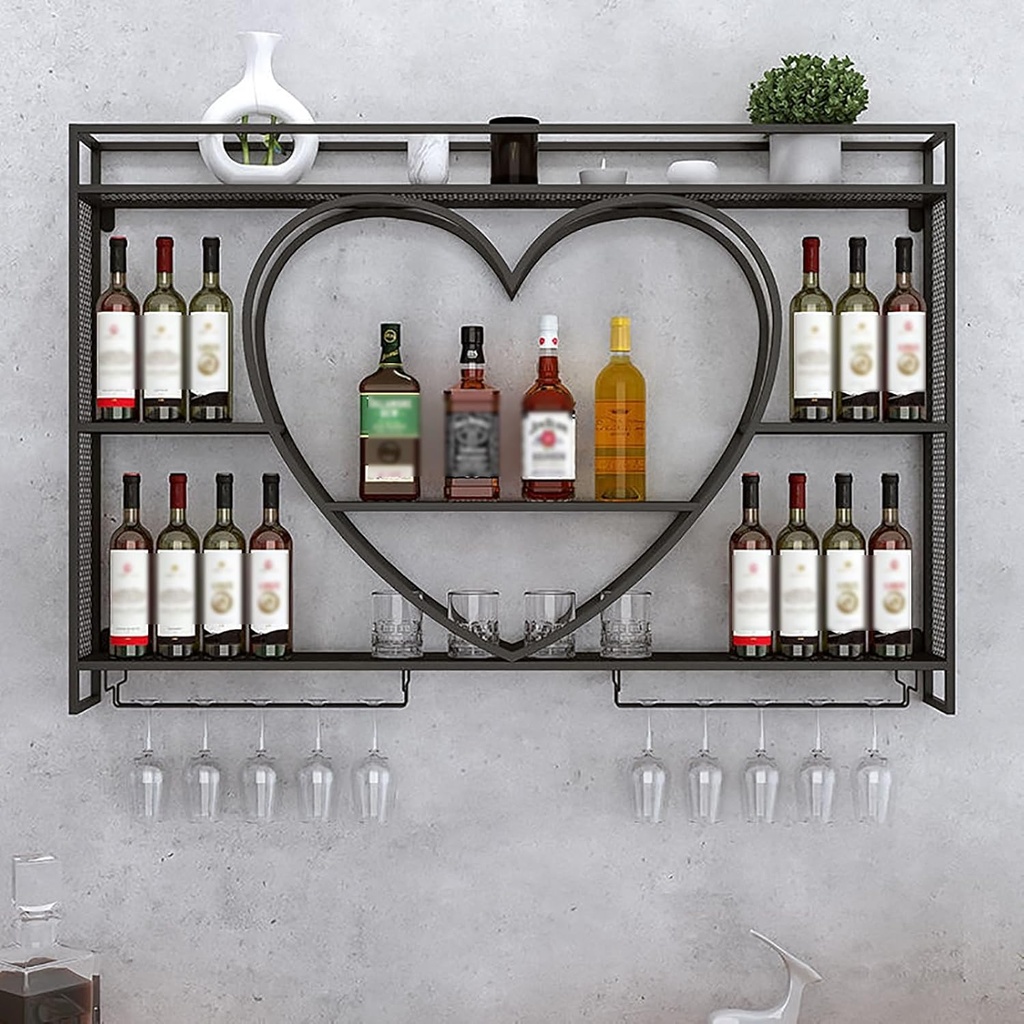 Large Wall Mounted Iron Wine Rack Bar Liquor Display Shelf Modern Display Bar Floating Wall Shelves with Hanging Wine Glass Rack for Kitchen Wine Cellar,Gold/Black/White(Black,140x15x80cm)