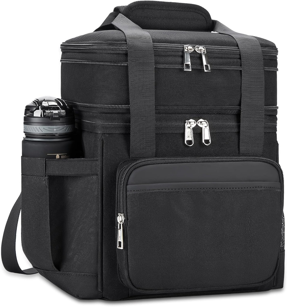 Insulated Lunch Bag & Lunch Box for Men - Double Deck Reusable Lunch Bag for Women Tote Cooler Bag Leakproof Soft Expandable - Large Lunchbox for Work/Adult/Picnic/Outdoor (Black，15L)