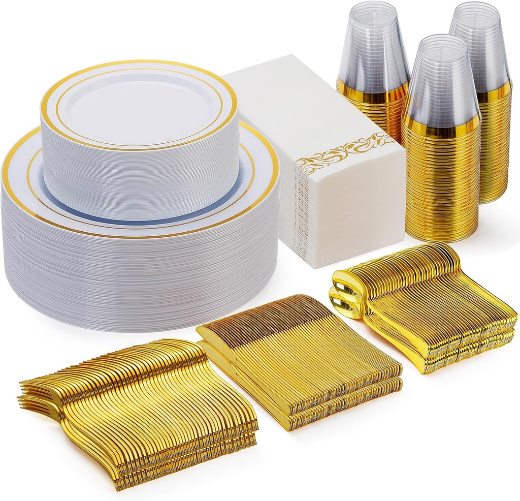 Goodluck 350 Piece Gold Dinnerware Set for 50 Guests, Plastic Plates Disposable for Party, Include: 50 Gold Rim Dinner Plates, 50 Dessert Plates, 50 Paper Napkins, 50 Cups, 50 Gold Silverware Set