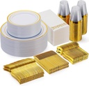 Goodluck 350 Piece Gold Dinnerware Set for 50 Guests, Plastic Plates Disposable for Party, Include: 50 Gold Rim Dinner Plates, 50 Dessert Plates, 50 Paper Napkins, 50 Cups, 50 Gold Silverware Set