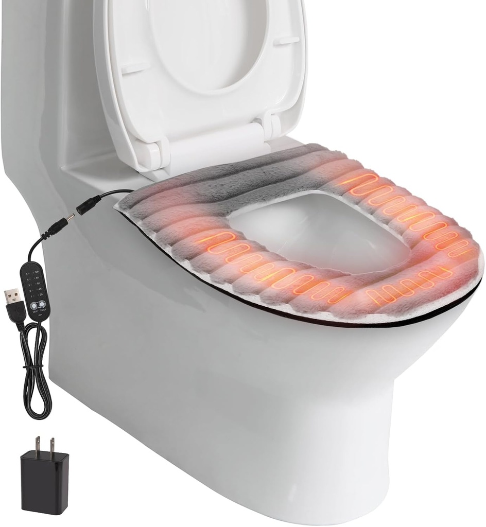 Heated Toilet Seat Cover,USB Powered Toilet Seat Warmer with Charger,5-Speed Adjustable Temperature and Timing Function,Levels Toilet Seat Cover with Soft Plush Fabric,Easy To Clean (Gray)
