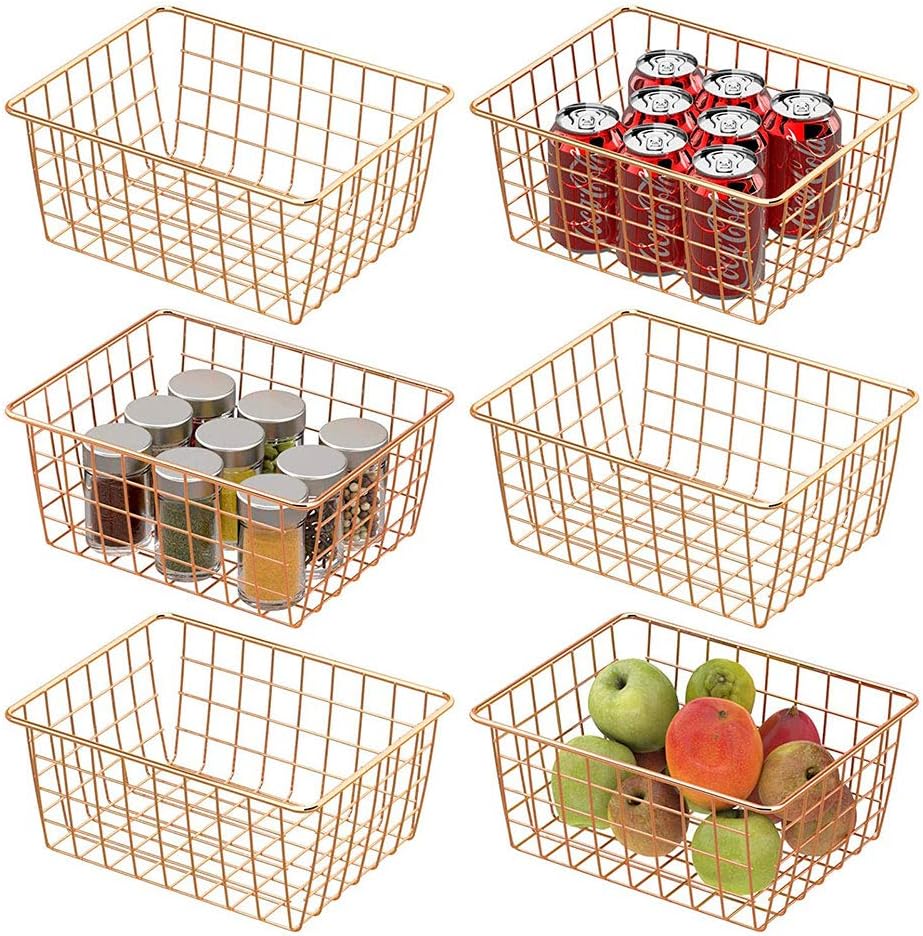 4 PACK - Gold Wire Storage Basket Organizer Bin Baskets for Kitchen Cabinets Freezer Office Bedroom Bathroom