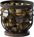 SODSAI Coffee Pod Holder with Wooden Base, Metal Wire Basket K Cup Organizer for Counter,Storage Rack, Black Iron K Cup Holder for Kitchen or Coffee Bar