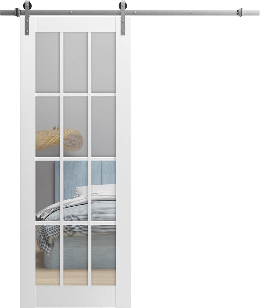 Sturdy Barn Door 24 x 84 inches Clear Glass 12 Lites | Felicia 3355 Matte White | Top Mount Stainless Steel 6.6FT Rail Hangers Heavy Set | Solid Panel Interior Doors
