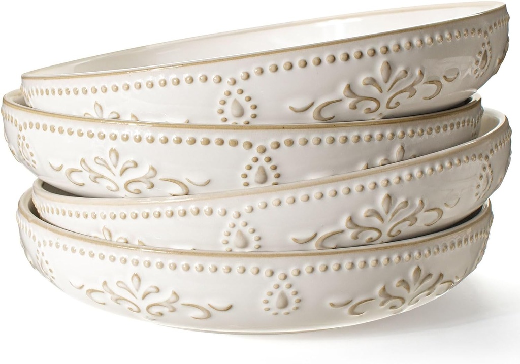 Artena Pasta Bowls, 50oz Large Salad Serving Bowls, 9.75'' Plates Bowl Set of 4, Big White Ceramic Soup Bowl for Kitchen, Embossment Shallow Dinner Bowl, Microwave Dishwasher Safe, Damask Floral