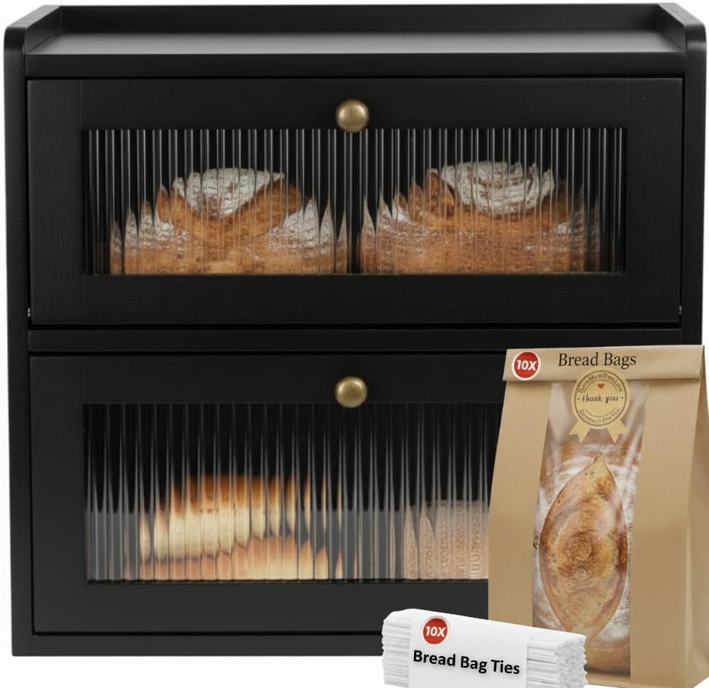 Bread Box for Kitchen Countertop - Wooden 2 Tier Bread Box with 10x Bread Bags and 10x Bread Bag Ties Vintage Breadbox Bread Storage Container Farmhouse Food Organizer Pantry Shelf (Black)