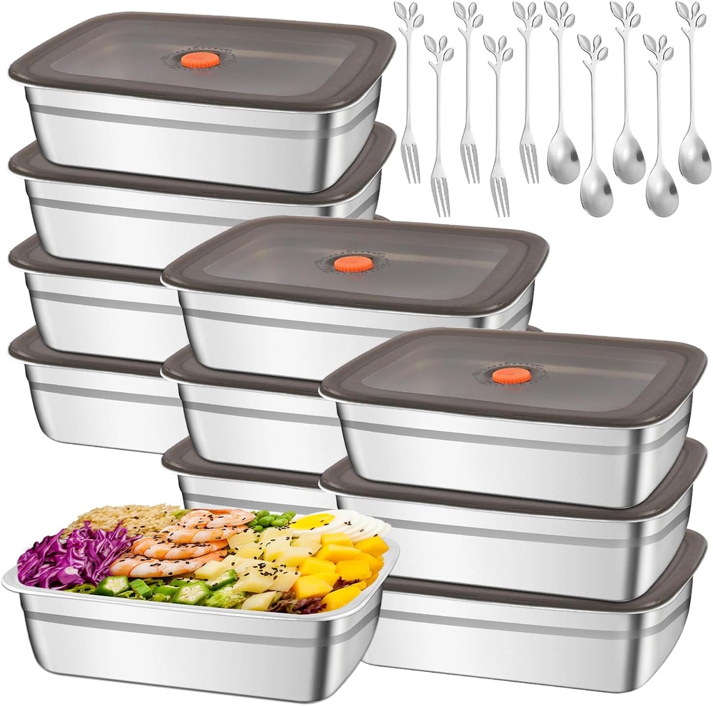 10Pcs 316 Stainless Steel Food Storage Containers Airtight Lids 50oz/1500ml Fresh-keeping Metal Refrigerator Container Metal Meal Container