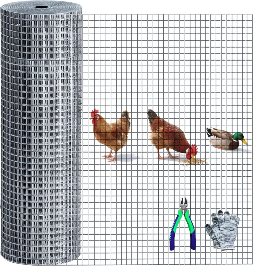 Chicken Wire Fencing Hardware Cloth 1/2 inch 19 Gauge Rust-Resistant Mesh Roll with Snips/Gloves for Chicken Coop/Vegetable/Garden/Plants/Poultry Enclosures/Tree/Gutter Guards 48 inch x 50 ft