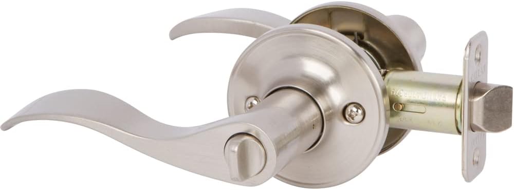 Delaney Hardware Bennett Privacy Door Handle, Fits Door 1-3/8 to 1-3/4 in. Thick, Satin Nickel – Reversible Left/Right-Handed Bed & Bath Push Button Door Lever – Easy to Install
