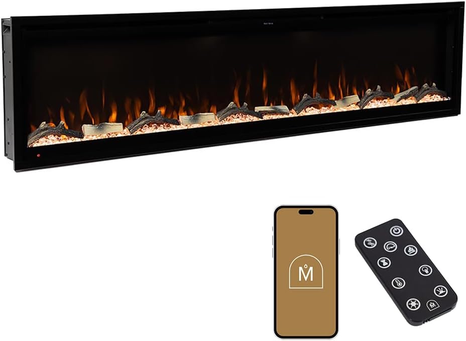Modern Ember Aerus 72 Inch Smart Linear Electric Fireplace | Recessed in-Wall or Wall-Mount | LED Multiple Flame Colors | Alexa/WiFi Enabled | 5.75” Profile | Remote Included
