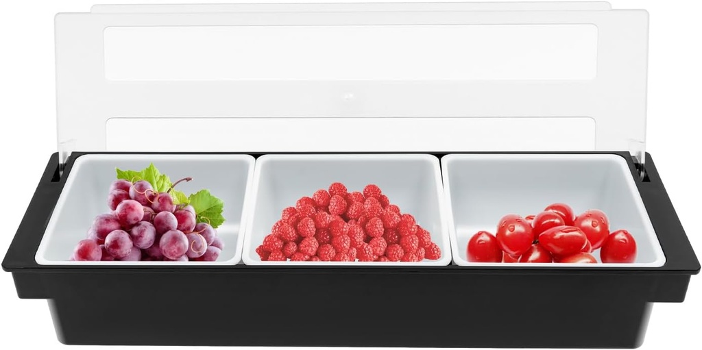 Fruit Condiment Caddy with Lid, 3 Compartment Plastic Dispenser Ice Cooled Condiment Serving Container Portable Fruit Racks for Restaurant Supplies Accessories