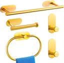 Bathroom Hardware Set, Self Adhesive Bathroom Accessories Set Stainless Steel, Including 16" Towel Bar, Toilet Paper Holder, Towel Ring, Towel Hook (Brushed Gold-5pcs-16inch)