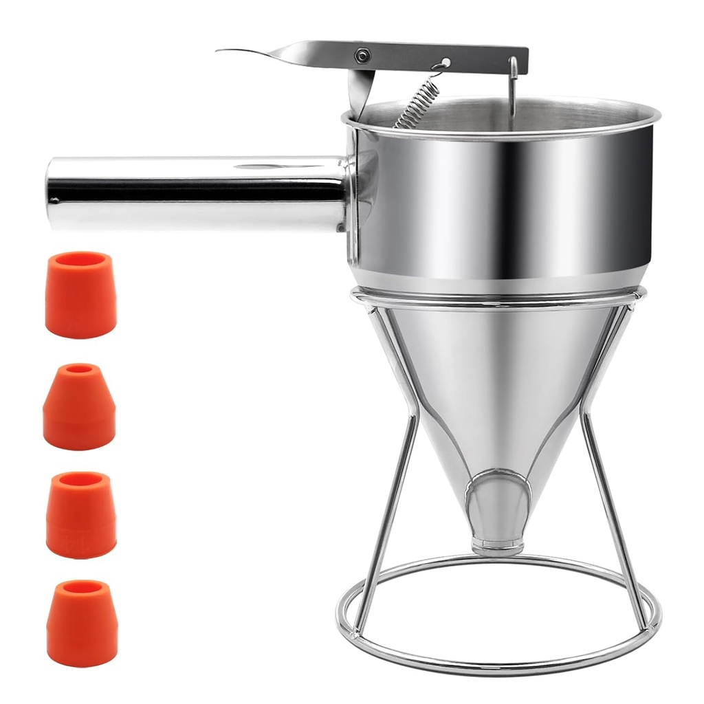 40oz Pancake Batter Dispenser, Stainless Steel Funnel Cake Dispenser with Stand Heavy Duty Baking Tool for Cupcake Waffles Cakes Takoyaki and Kitchen Baking (Large)