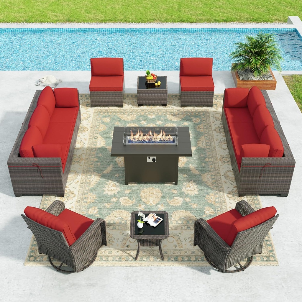 Kullavik 13 Pieces Outdoor Patio Furniture Set with 55000BTU Gas Propane Fire Pit Table,PE Wicker Rattan Sectional Sofa Patio Conversation Sets,Swivel Rocking Chairs Set,Red