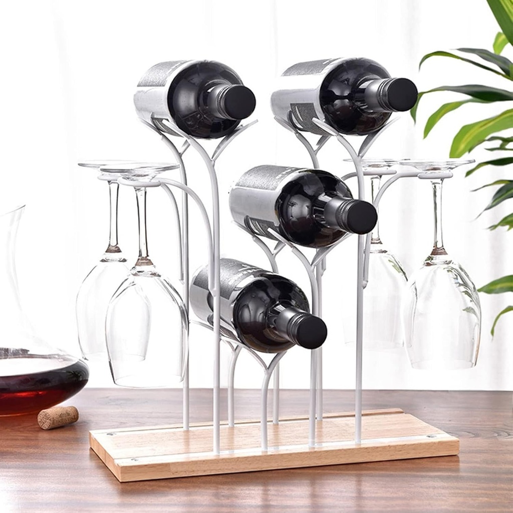 Wooden Creative Wine Rack, Holds 4 Bottles & 4 Glasses, Countertop Wine Holder for Home, Bar, Kitchen, Wine Cellar