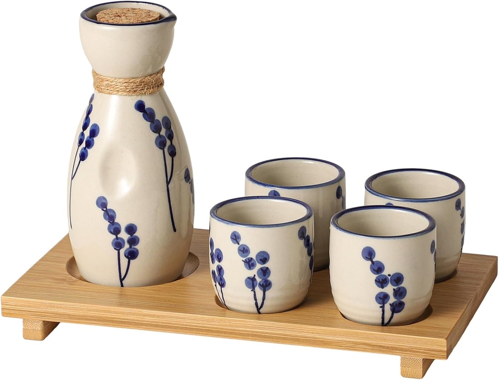 Ceramic Sake Set 5pcs Japanese Traditional Sake Set with 1 Sake Pot 4 Sake Cups Japanese Saki Cup Tokkuri Bottle Ochoko Carafe Soju Home Decoration Gift with Serving Bamboo Tray Dandelion