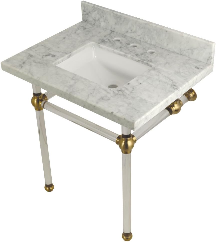 Kingston Brass KVPB3030MASQ7 30X22 Carrara Marble Vanity with Sink and Acrylic Feet Combo, Carrara Marble/Brushed Brass
