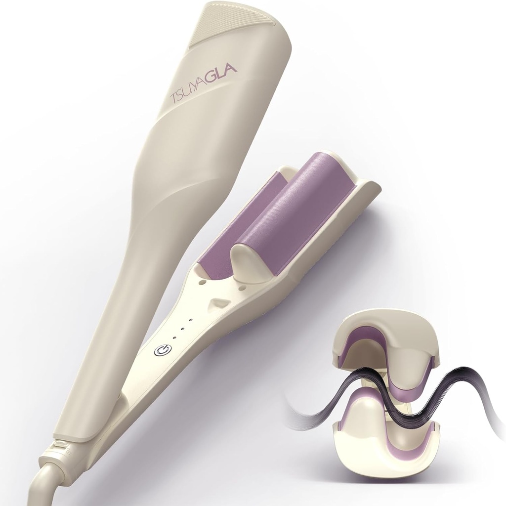 Hair Waver Crimper - TSUYAGLA 1.42 Inch Beach Waves Curling Wand, 2 Barrel Ionic Deep Waver Hair Curler Tool for Women, Anti-Scald Protection, Fast Heating, Dual Voltage, White