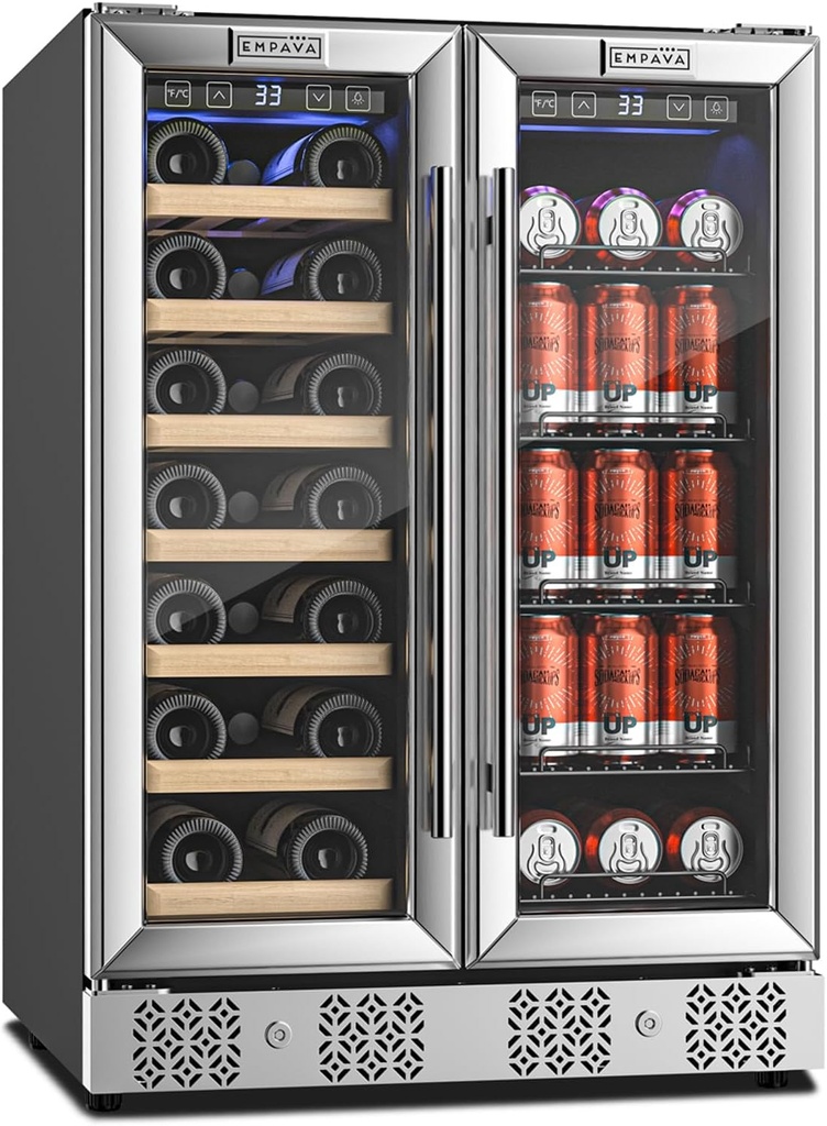 Empava 24" Dual Zone Wine and Beverage Refrigerator Cooler, Freestanding or Under Counter Fridge Chiller with LED Light, 78 Cans and 20 Bottles Capacity, Touch Control, Stainless Steel