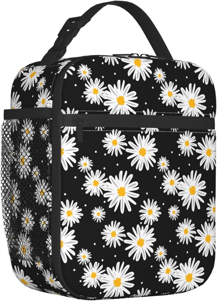 Black Daisy Lunch Box Bag Kids Teen Girls Women Adult Cooler Insulated Lunch Bag Thermal Reusable for School Work Travel Picnics