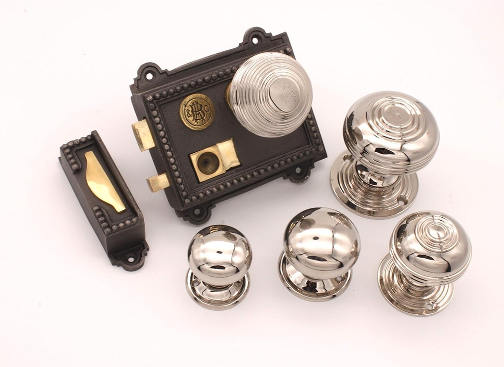 Regency Cast Iron Rim Latch Bathroom Bedroom Lock Door Knob Handle Sets - Nickel (Rim Lock + Cottage 40mm Door Knob)