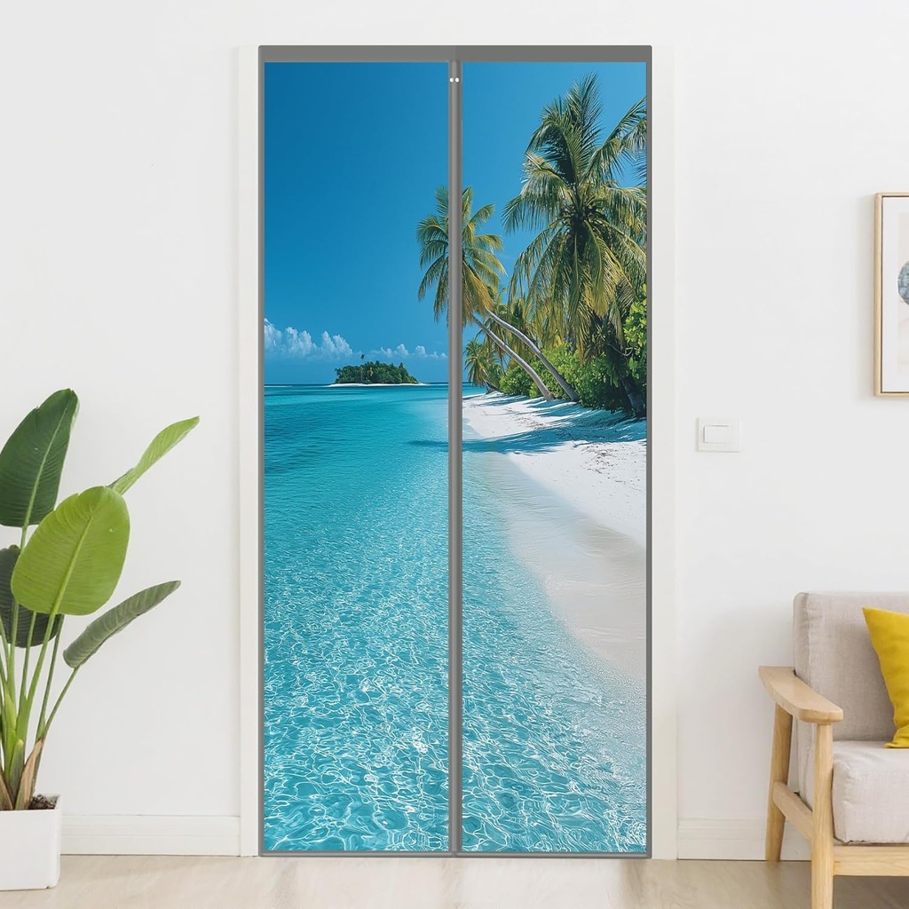 Ocean Beach Magnetic Screen Door, Tropical Palm Tree Seascape Door Curtain with Magnets, Self-Sealing Privacy Mesh for Entry Patio Bedroom 30 x 80 Inch