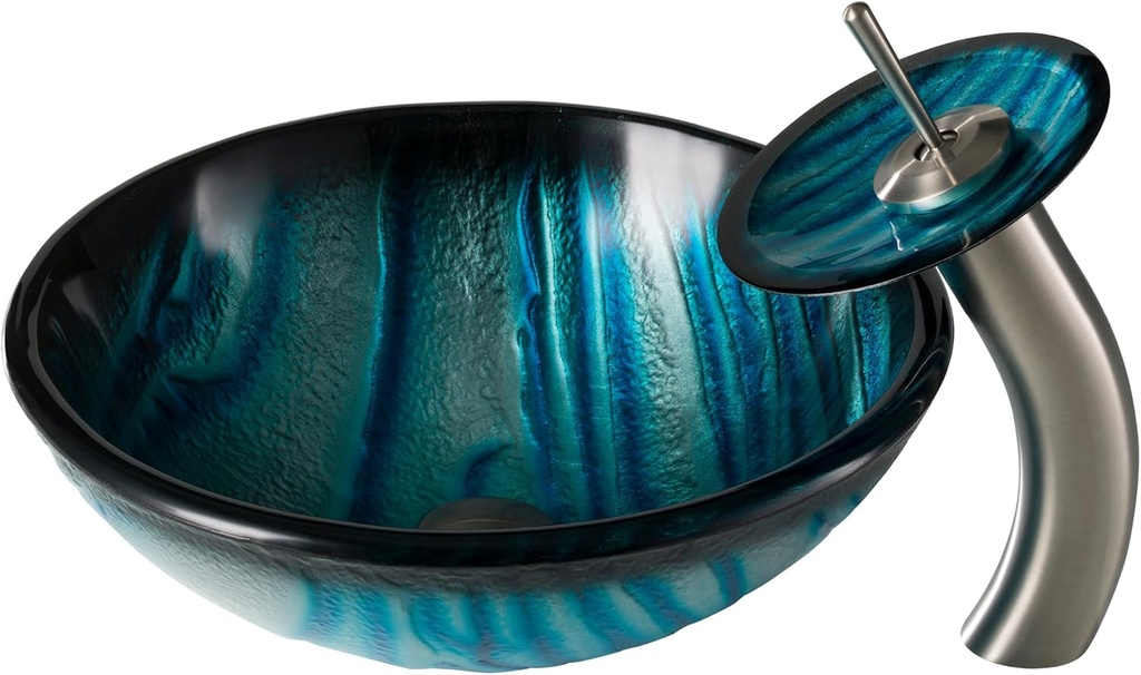 Kraus AUS Nature Series™ Blue Glass Bathroom Vessel Sink and Waterfall Faucet Combo Set with Matching Disk and Pop-Up Drain, Satin Nickel Finish