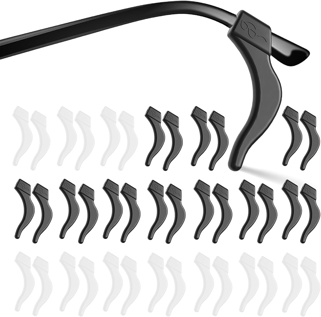20 Pairs Eye Glasses Ear Grippers, Anti-Slip Glasses Ear Hook Comfort Silicone Eyeglasses Ear Cushion for Behind the Ear for Glasses Sunglasses Reading Glasses Retainers for Kids Adults(Black +Clear)