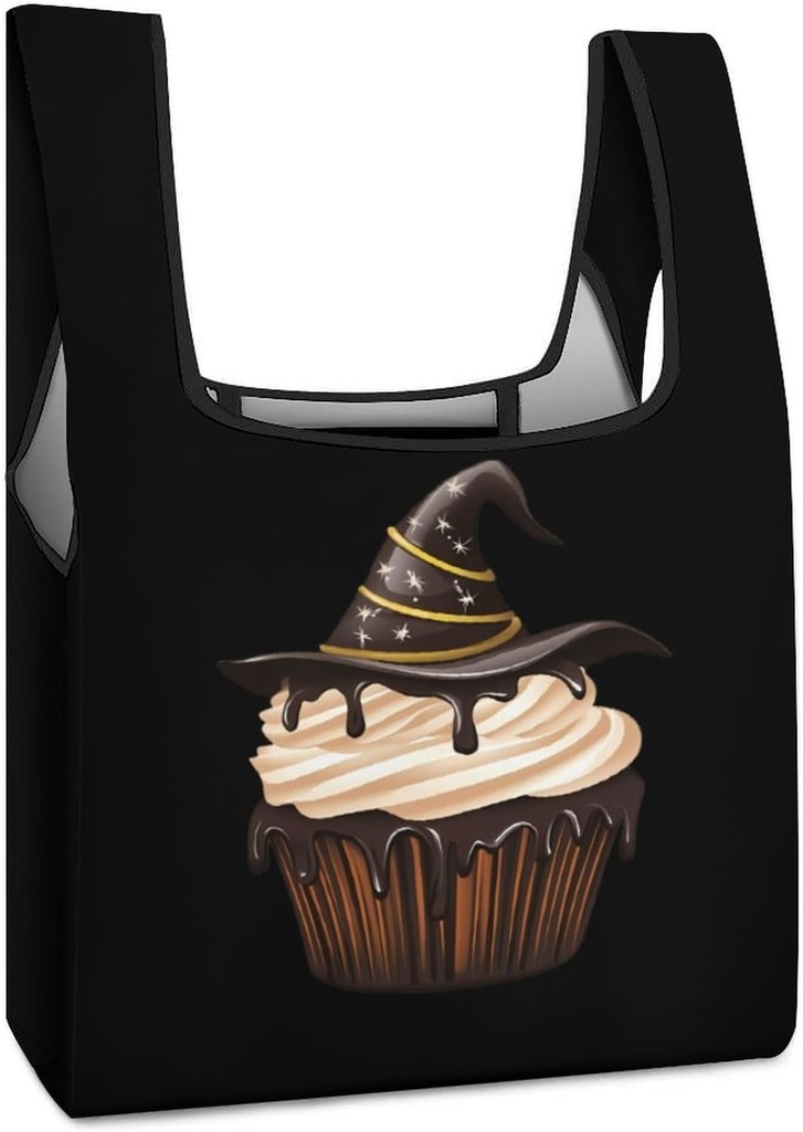Chocolate Halloween Cupcake with Hat Large Grocery Shopping Tote Bags Carrier Bag Handles Foldable for Men Women