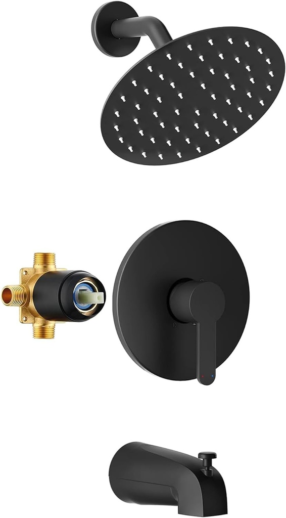 Esnbia Matte Black Shower Faucet Set, 8-Inch Rain Shower Head and Handle Set, Bathtub Shower Faucet Set with Single Handle and Tub spout, Shower Valve Included, Matte Black