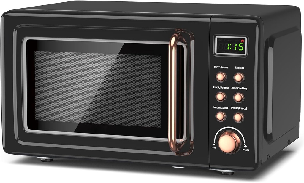 Moccha Retro Microwave, 0.7Cu.ft Compact Microwave, 700-Watt Countertop Microwave Ovens w/5 Micro Power, Delayed Start Function, LED Display, Child Lock, Small Microwave (Black)