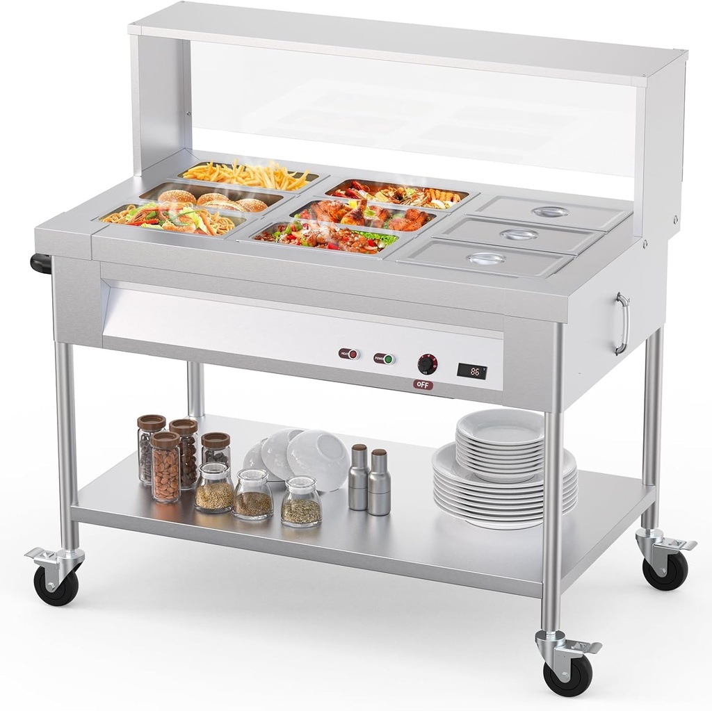 72QT Steam Table 9x8QT Electric Commercial Food Warmer 9-Pans with Acrylic Shield Stainless Steel Bain Marie Countertop with Lockable Wheels for Restaurants Buffets Party 1500W, 110V