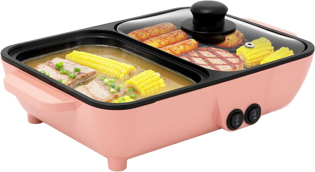 2-In-1 Hot Pot with Grill 110V Electric Hot Pot with Heating Tube Dual Temperature Control Non-Stick Coating Pot, Quick Heating,for Barbecue, Frying, Soup Making,11.42x8.66x4.33in