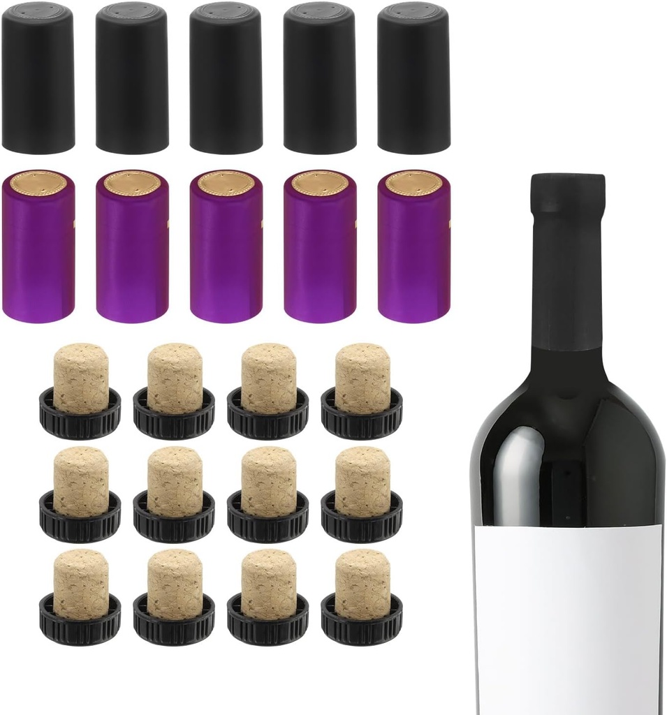 uxcell 100Pcs PVC Heat Shrink Capsules with 12Pcs T-Shaped Cork Wine Stopper Wine Bottle Sealer Wrap Caps with Tear-off Tab for Wine Glass Bottle, Wine Cellar, Home, 30x60mm, Purple/Black