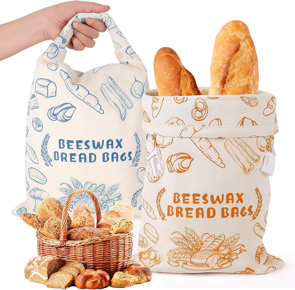 2 Pack Zipper Beeswax Bread Bag for Sourdough, 12x17inches Reusable Organic Linen Beeswax Bread Bag for Homemade Sourdough Cotton, Keep Your Loaf Fresh for Days, Freezer Waxed Sourdough Container