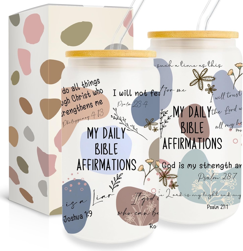 Christian Gifts for Women Friendship, 16 Oz Drinking Glass Cup With Lid and Straw, Affirmations Christian Prayer Gifts With Bible Verses, Faith Religious Gift