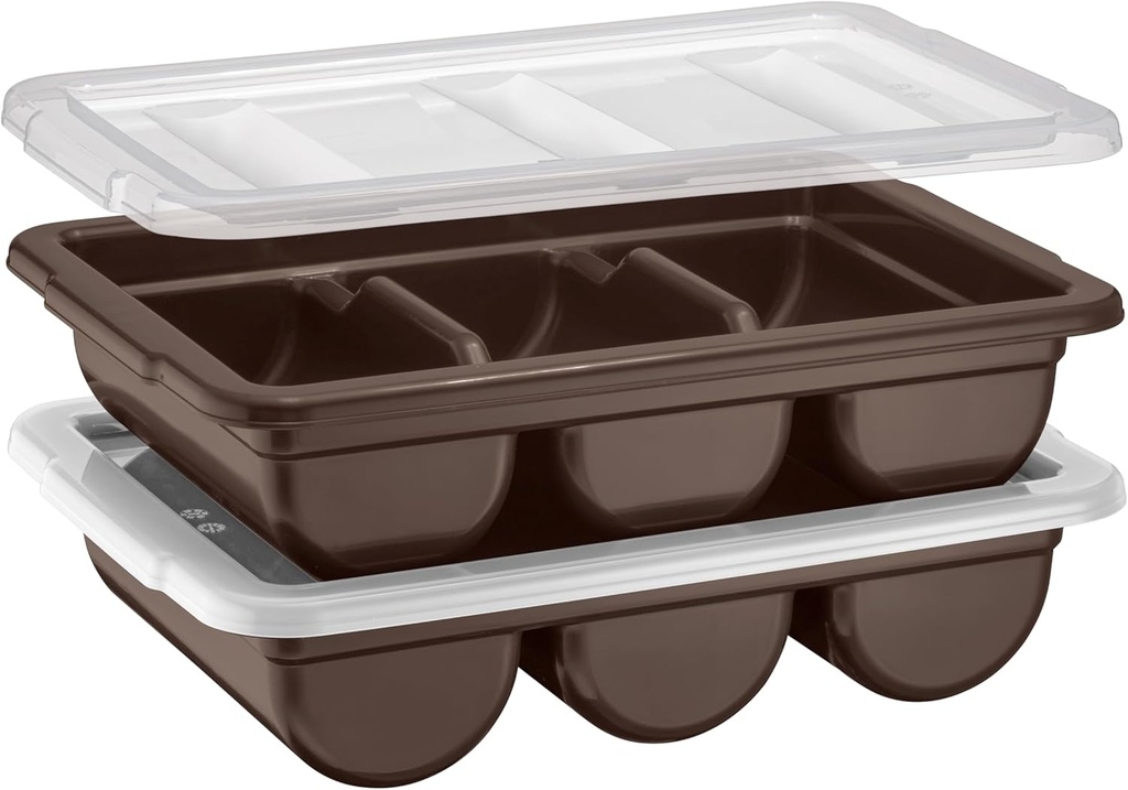 2 Pack - Cutlery Bin with Lid, Commercial 3-Compartment Flatware Tray with Cover, Large Silverware Divided Storage Plastic Container, Restaurant Condiments Holder, Covered Utensil Organizer Box, Brown