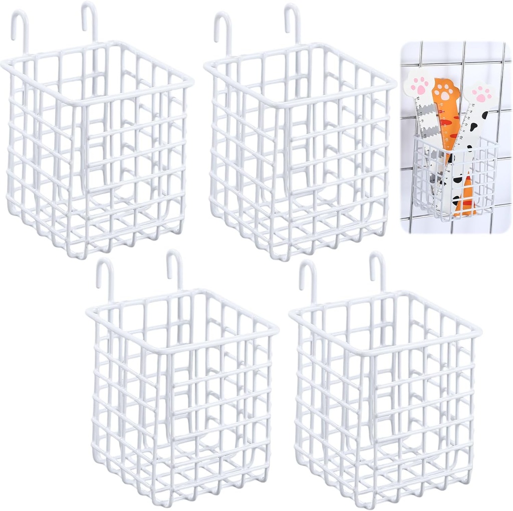 4 White Gridwall Baskets Small Square Gridwall Bins with Hooks for Bathroom Kitchen Hanging Wire Baskets for Home Shower Vanity Wall Accessories