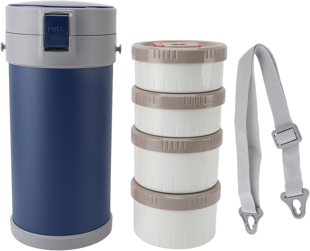 Mumusuki Stainless Steel Insulated Lunch Box, 4 Tier Stackable Food Container with Venting Valve, Leakproof, Wide Mouth for Office Travel (Blue)