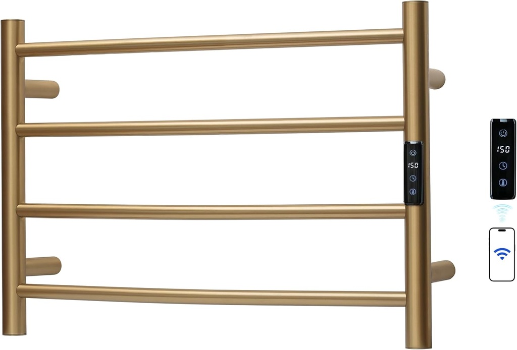 Electric Towel Rack with Voice Control for Alexa & Google Home,TUYA - Wall-Mounted Bathroom Heating Towel Warmer,Plug-in,Stainless Steel Material,16.54x23.62x5.51 in,Gold，4 Bars